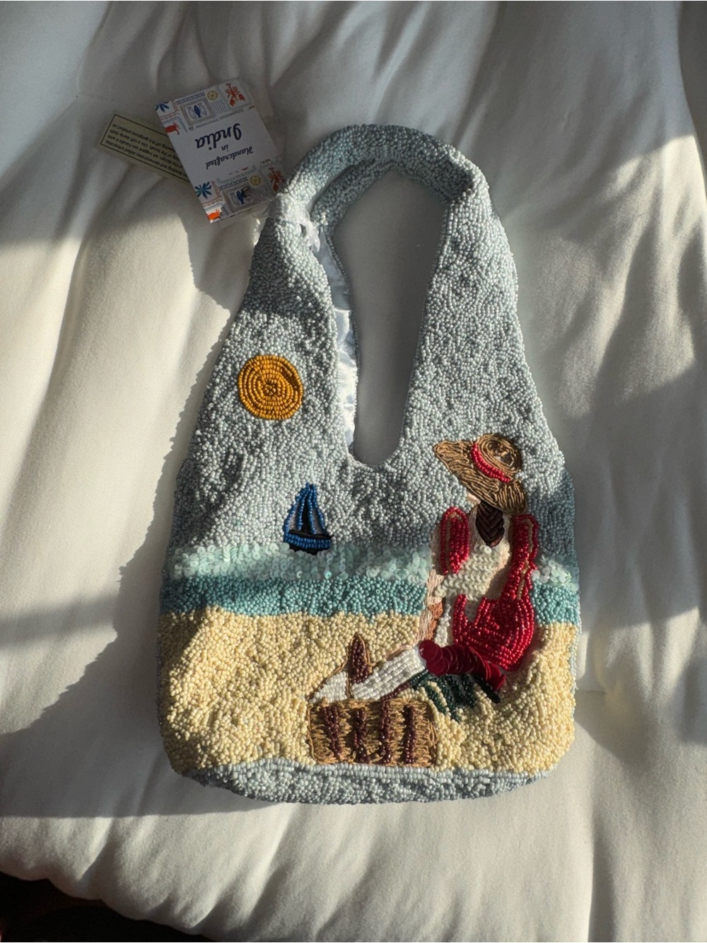 Embroidered Beach Scene Shoulder Bag - Light Blue & Cream